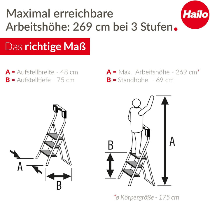 Hailo K77 ComfortLine Klapptritt - 3-stufige Trittleiter aus Stahl mit Sicherheitsbügel und Ablagesc