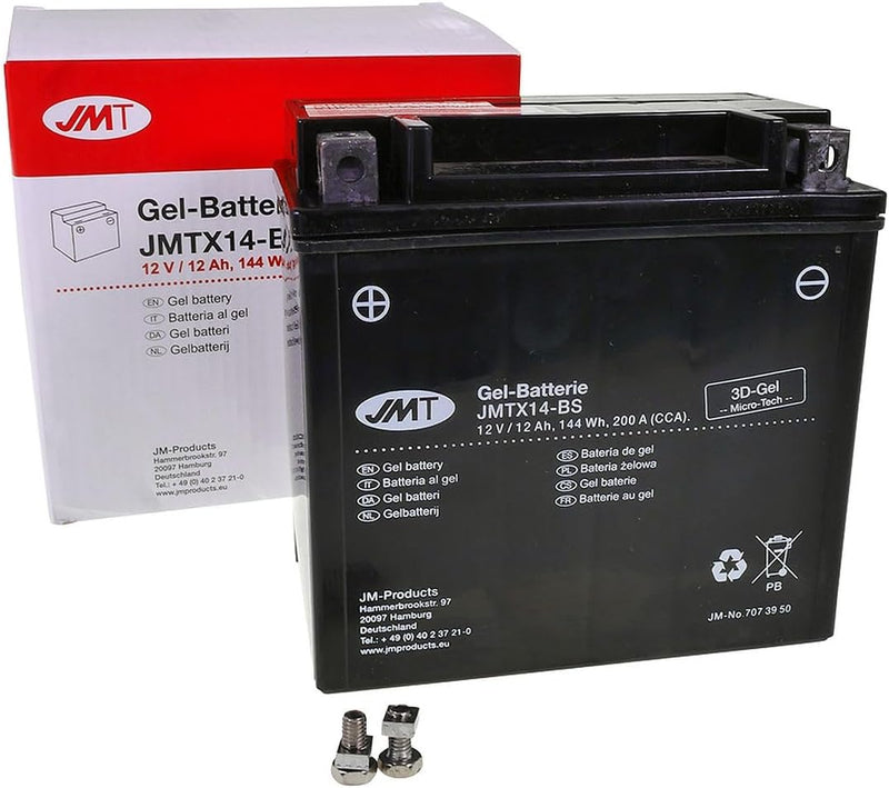 JMT Batterie 12 V 14 Ah (YTX14-BS) [wartungsfrei & versiegelt] kompatibel für Piaggio/Vespa Xevo 250