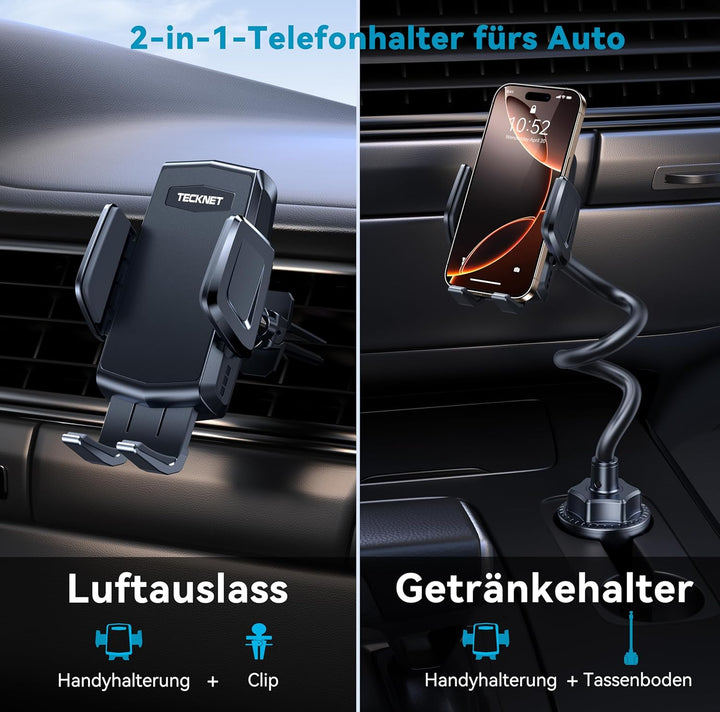 TECKNET Handyhalterung für Auto 2-in-1 – KFZ Handy Halterung für Lüftungslöcher & Getränkehalter, Bi
