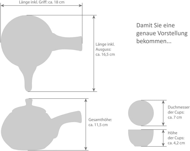 Japanisches Teeset bestehend aus eine Teekanne 600ml mit Seitengriff und 4 Teecups aus Keramik