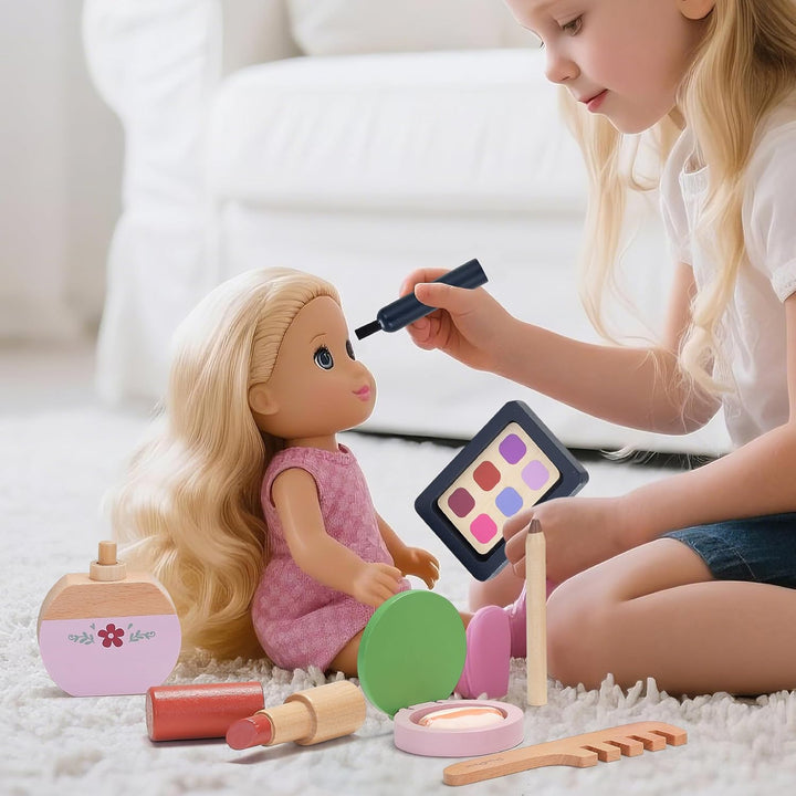 PairPear Holz-Kosmetikset für Kinder mit drehbarem Spiegel, Beauty-Salon Spielset mit 19 Zubehörteil