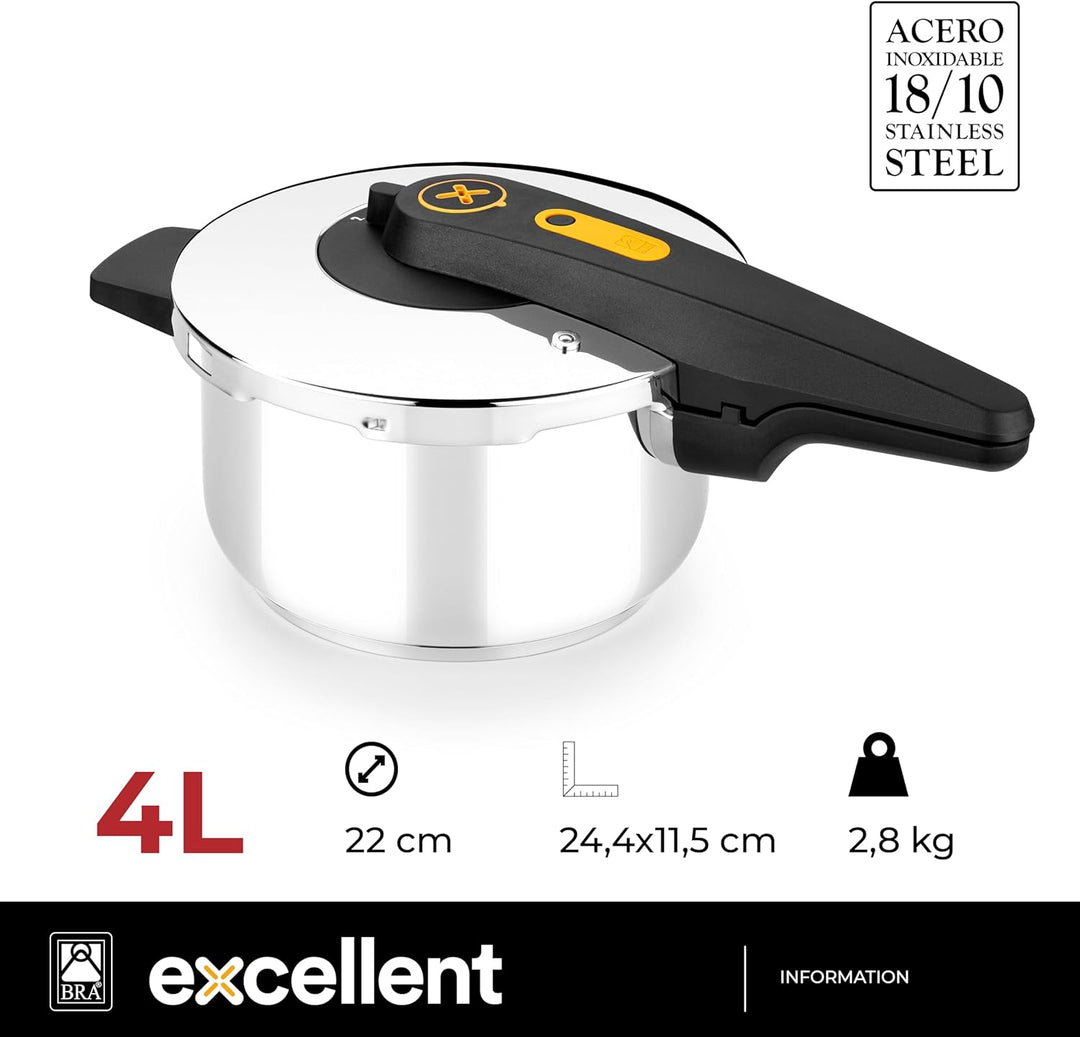 BRA Excellent | 4-Liter-Schnellkochtopf mit einfachem Öffnen, aus Edelstahl 18/10, mit 2 Kochprogram