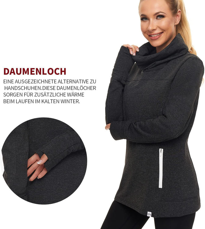 Soneven Rollkragen Pullover Damen Sweatshirt Damen Ohne Kapuze mit Taschen Funktionsshirt Langarm Sw