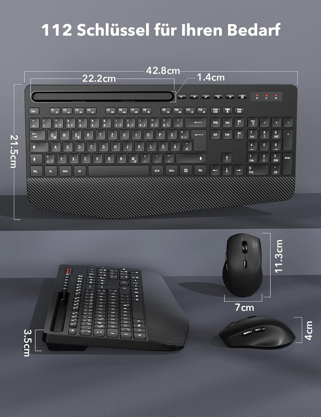 Tastatur Maus Set Kabellos, Ergonomische Tastatur in Voller Grösse mit Handgelenkauflage, Telefonhal
