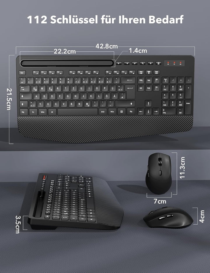 Tastatur Maus Set Kabellos, Ergonomische Tastatur in Voller Grösse mit Handgelenkauflage, Telefonhal