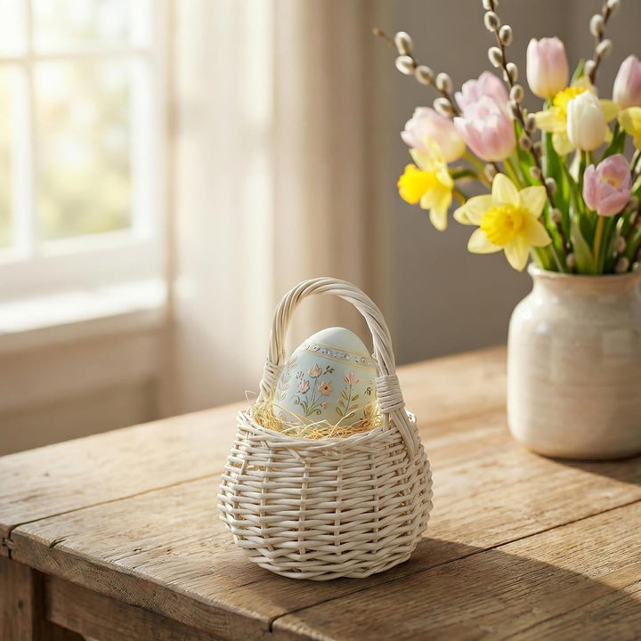 Creative Home Osterkorb Kleiner Weidenkorb Henkel Weiss Rund | Klein 10 x 10 x 16 cm (+/- 2 cm) | Ha