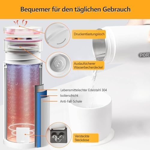 Reise Wasserkocher Klein, 220-240V 500ML Tragbarer Wasserkocher Mini Wassertasse, Heizung Automatisc