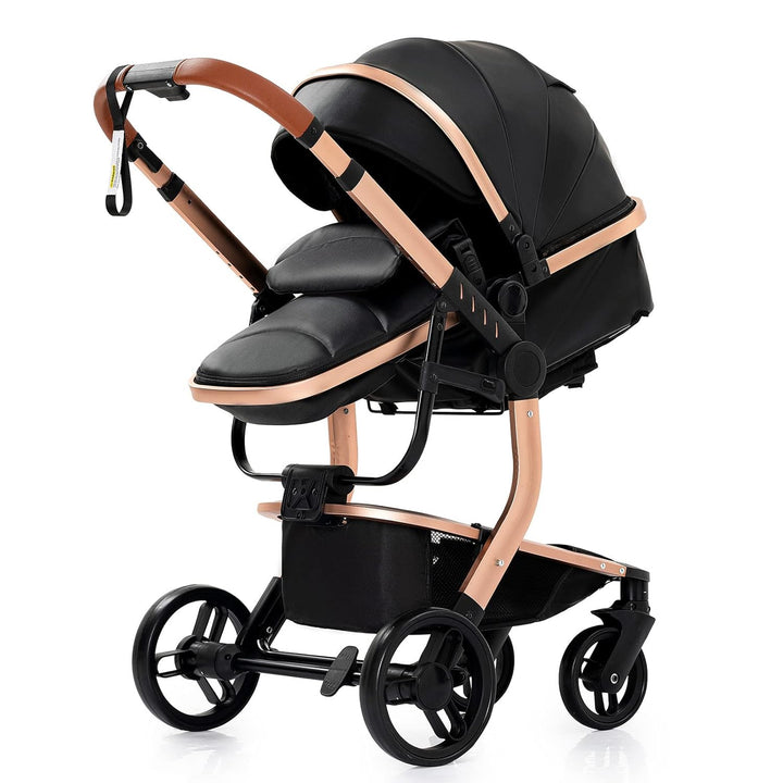 Reenborn PU-Leder Kinderwagen 3 in 1, Buggy mit Ein-Klick-Faltdesign, Kinderwagen mit Zwei Umkehrbar
