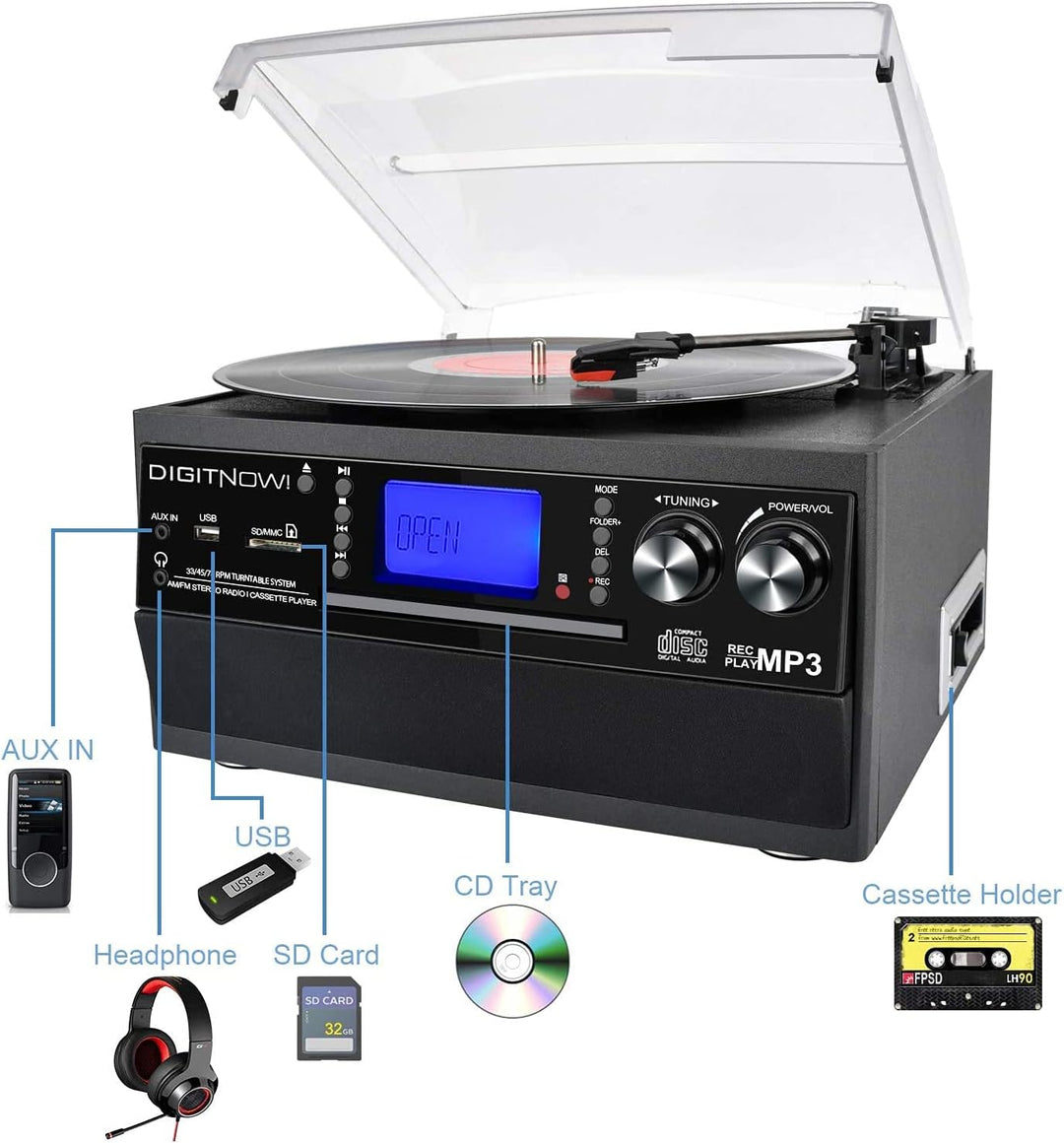 Bluetooth Plattenspieler mit Stereo Lautsprecher, LP Vinyl zu MP3 Konverter, 3 Geschwindigkeit Schal