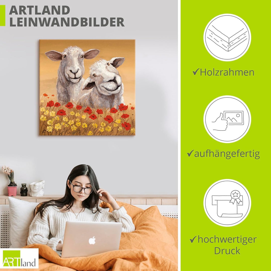 ARTland Leinwandbilder Wandbild Bild auf Leinwand 50 x 50 cm Tiere Haustiere Schaf Malerei Creme A1S