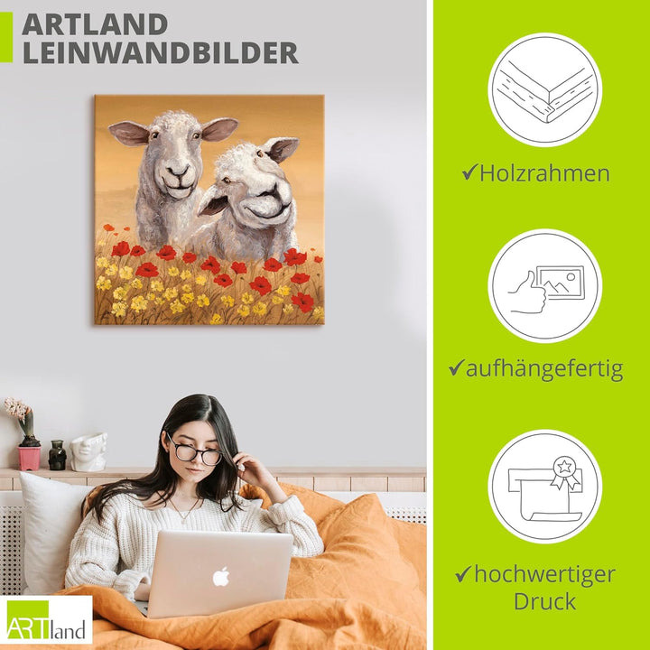 ARTland Leinwandbilder Wandbild Bild auf Leinwand 50 x 50 cm Tiere Haustiere Schaf Malerei Creme A1S