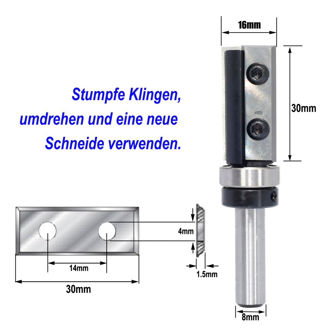 Sinoprotools Wendeplatten Bündigfräser,8mm Schaft Schnittlänge 30mm,Bündiger Fräser mit 4-seitigen A