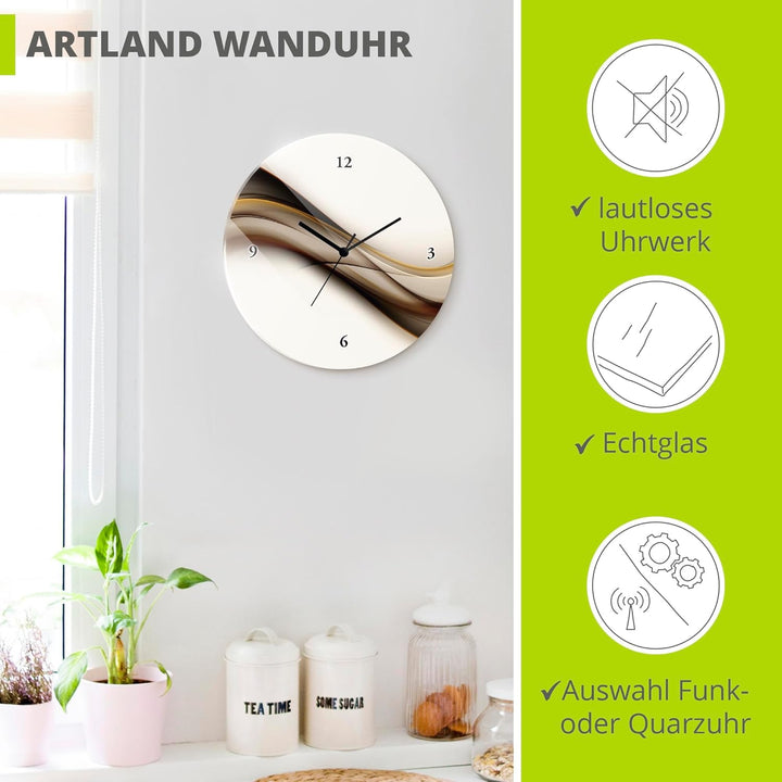 ARTLAND Wanduhr ohne Tickgeräusche Glas Quarzuhr Ø 30 cm Rund Lautlos braun abstrakt Abstrakt Braun