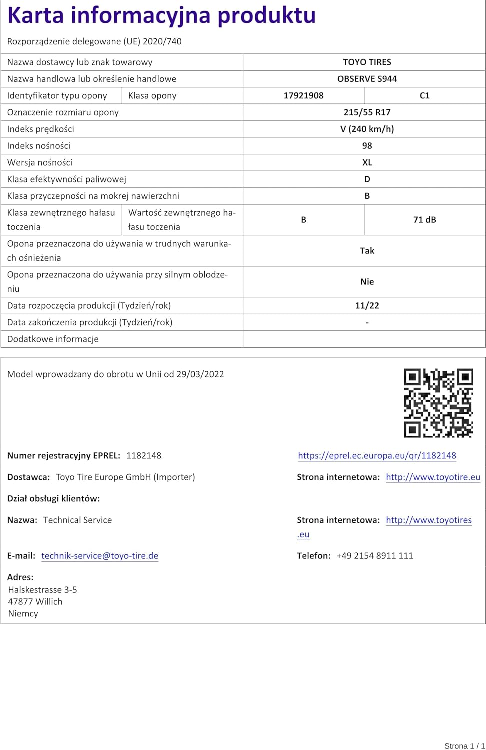 TOYO 215/55 R17 TL 98V OBSERVE S944 XL BSW M+S 3PMSF Winterreifen