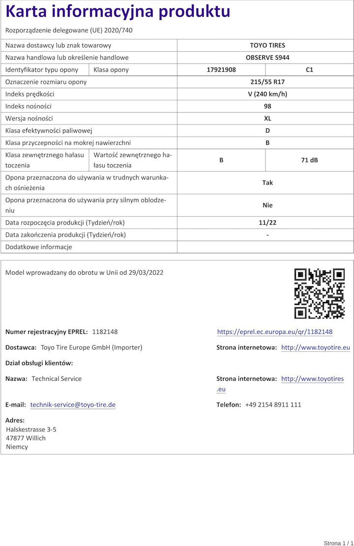 TOYO 215/55 R17 TL 98V OBSERVE S944 XL BSW M+S 3PMSF Winterreifen