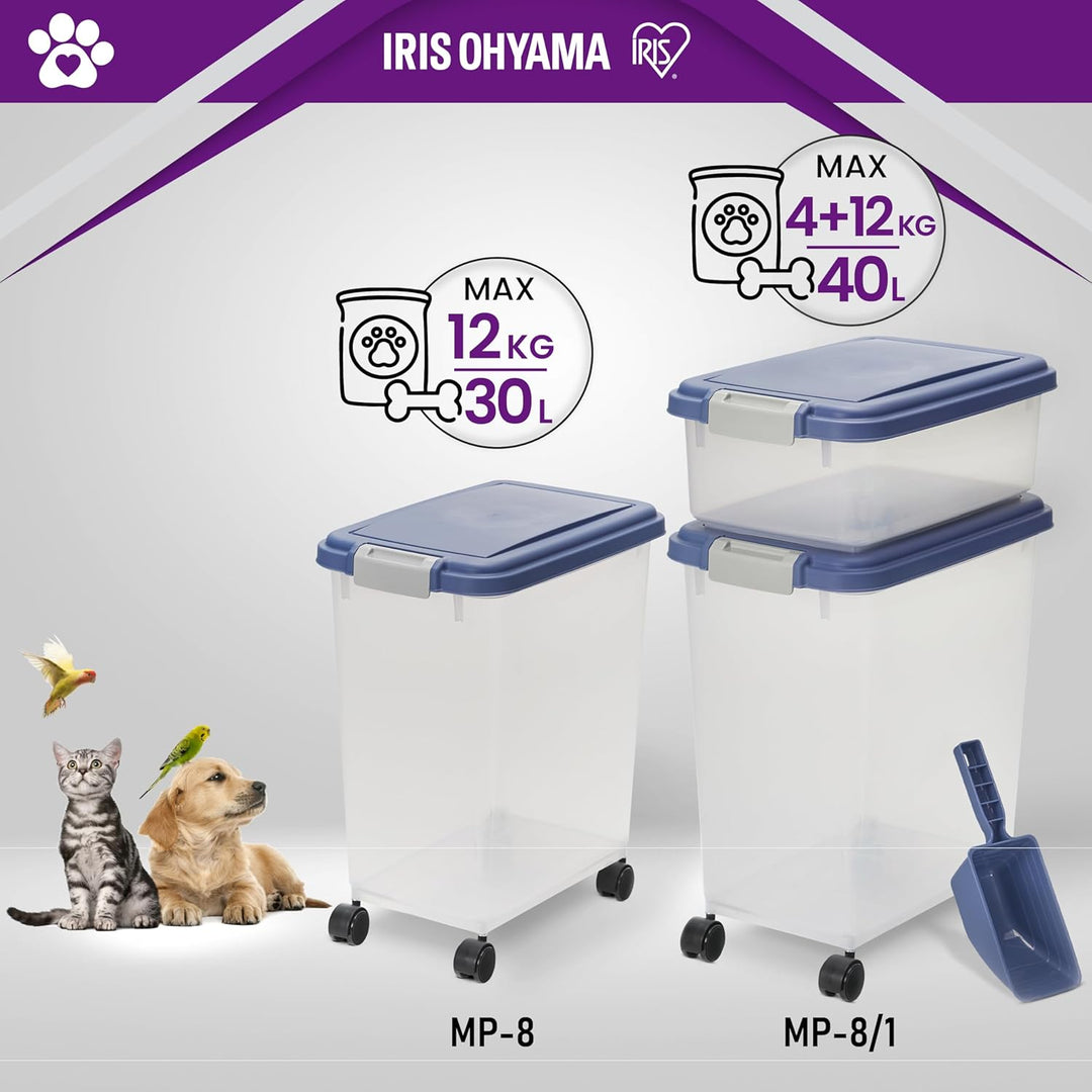 Iris Ohyama Katzenfutter Aufbewahrung mit Rollen, 30L/11kg, Graublau, Luftdichte Futterbox, Trockenf