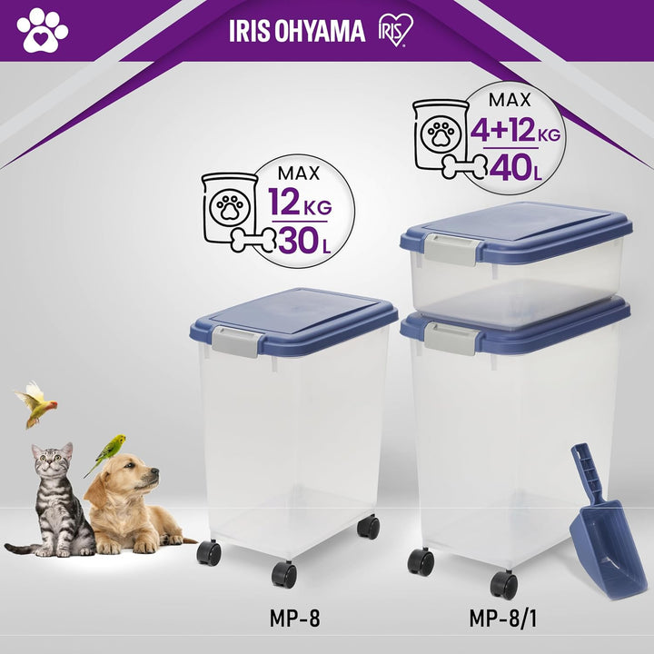 Iris Ohyama Katzenfutter Aufbewahrung mit Rollen, 30L/11kg, Graublau, Luftdichte Futterbox, Trockenf