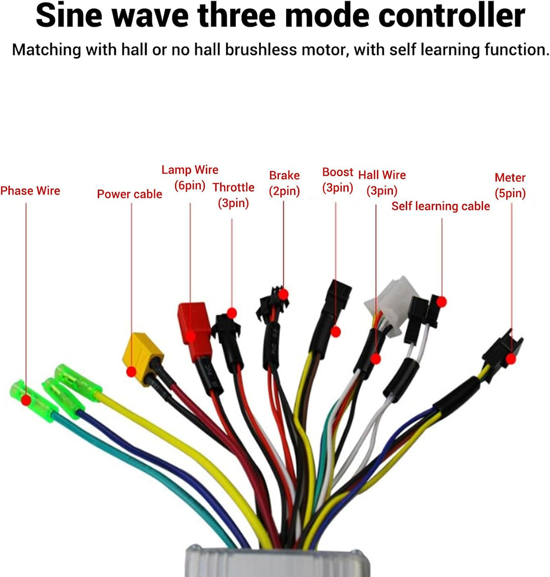 BuyWeek Elektrofahrrad Brushless Motor Controller Kit, 36V 48V 250W 350W 17A 3 Modus Sinuswelle Cont