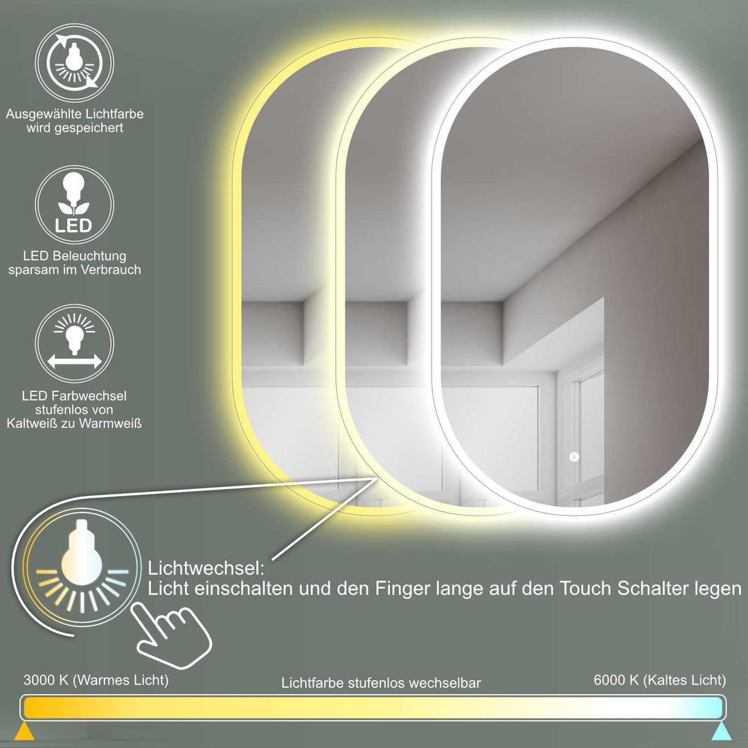 HOKO® LED Design Spiegel oval 45 x 75 cm. HOCH + QUER Montage möglich. Badspiegel LED beleuchtet, au