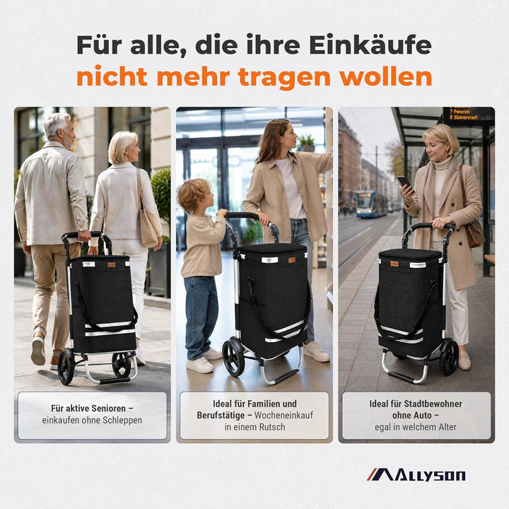 Allyson® Einkaufstrolley Klappbar, Einkaufswagen mit 56L Kapazität & Wasserdichter Tasche, Shopping-