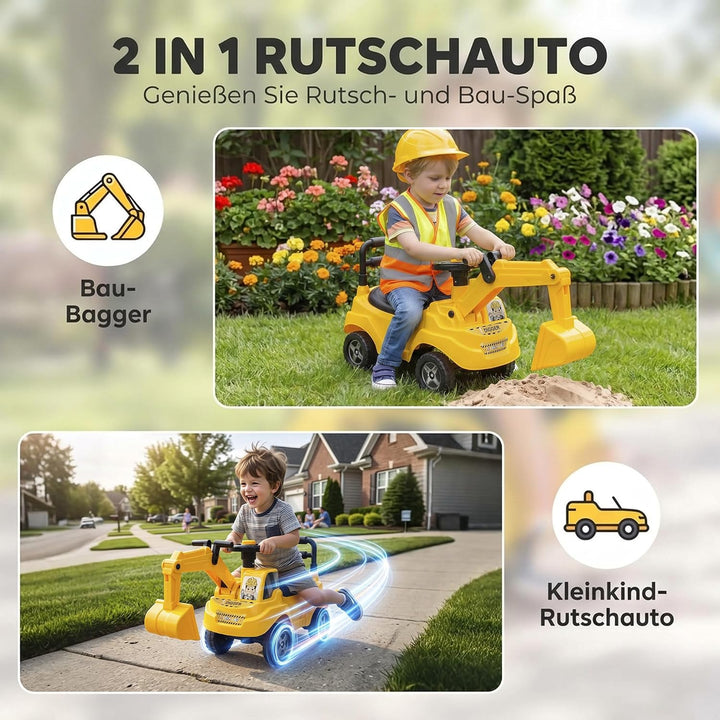 AIYAPLAY Sitzbagger Kinder Aufsitzbagger mit Schaufel Lenkrad Kinderbagger