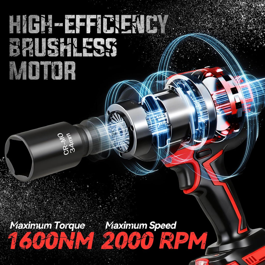 TEENO 3/4 Zoll Akku-Schlagschrauber Brushless, 1600 N·m Drehmoment, 2×4,0 Ah Akkus, Adapter 3/4" auf