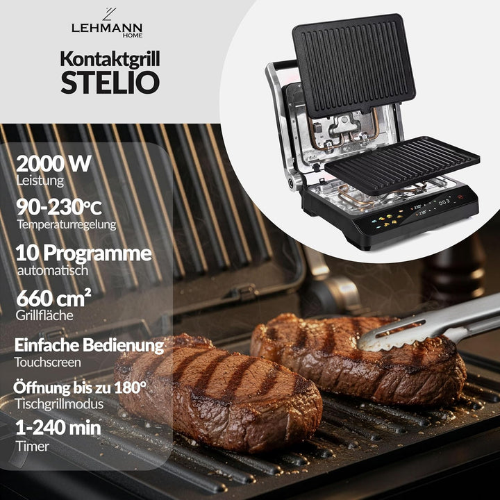 LEHMANN Kontaktgrill, 2000 W, Tischgrill 180° aufklappbar, Abnehmbare Antihaftplatten, Display: 10 P