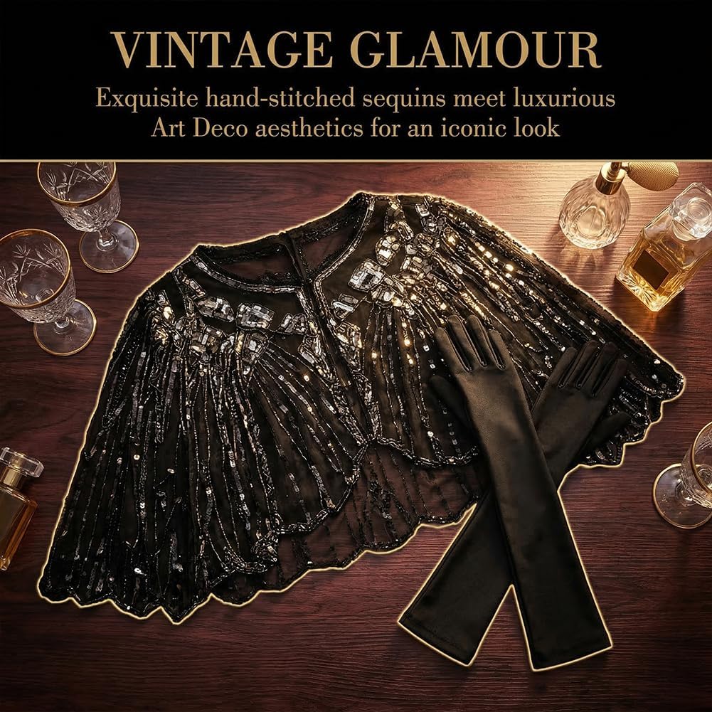 1920er Jahre Retro Schal Set mit Pailletten &amp; Perlen 2 Stück, Umschlagtuch Cape für Damen, Lange Sat