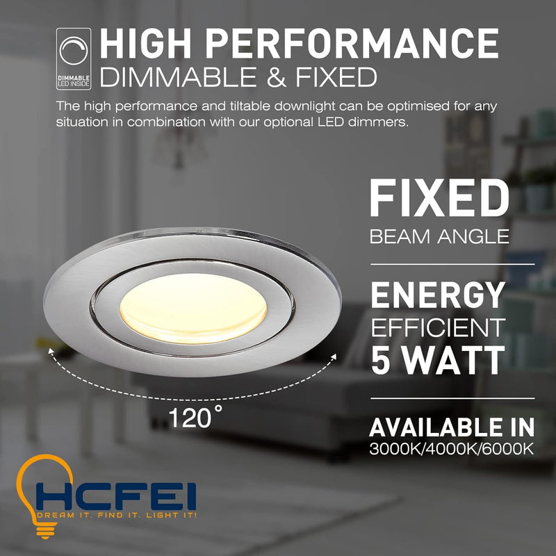 HCFEI 6er Set LED Einbaustrahler Chrom gebürstet - rund flach 5 Watt dimmbar Warmweiss 3000K 230V IP