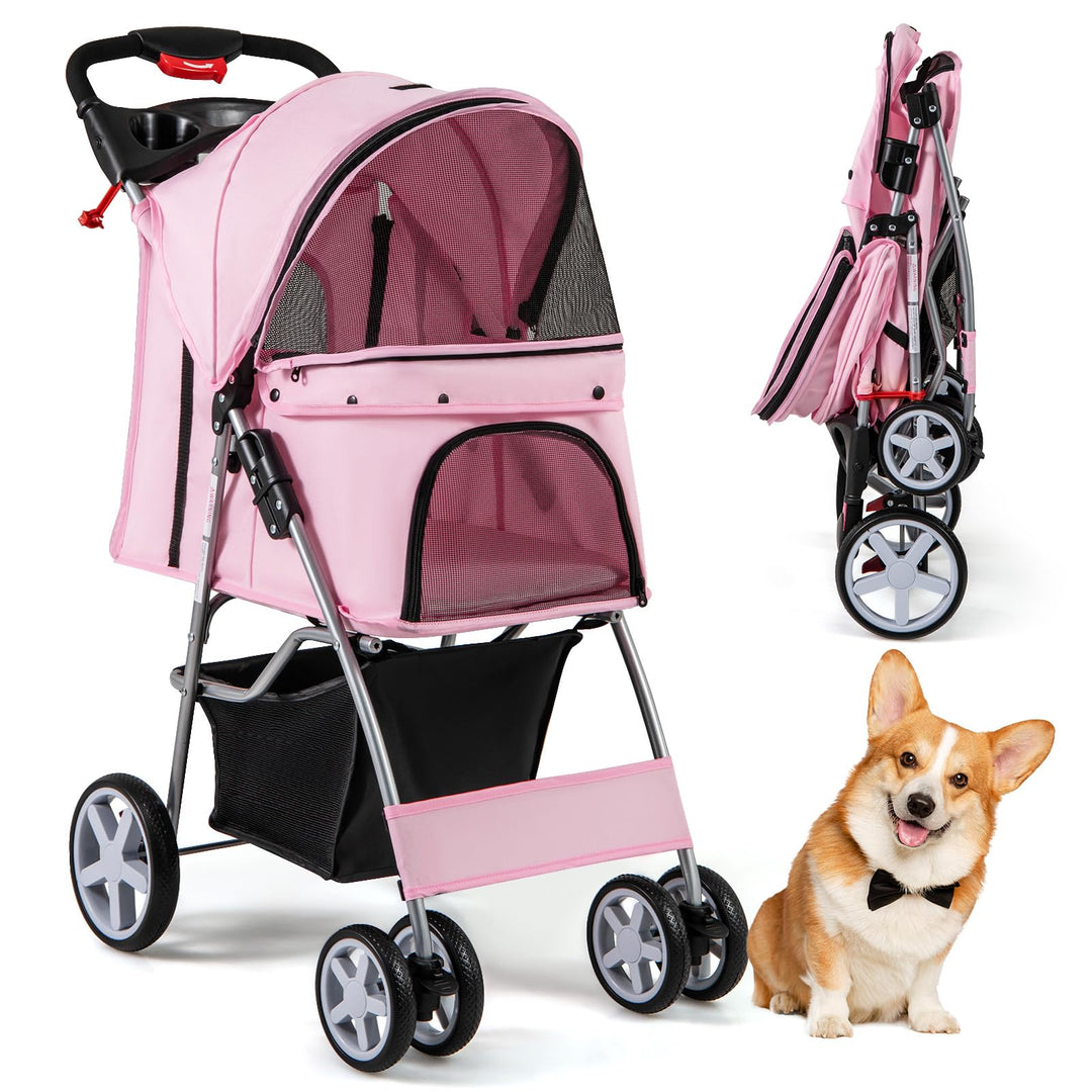 COSTWAY Hundewagen Haustiere Buggy, bis 15 kg, Hundebuggy mit Netzfenstern & Getränkehalter & Korb &