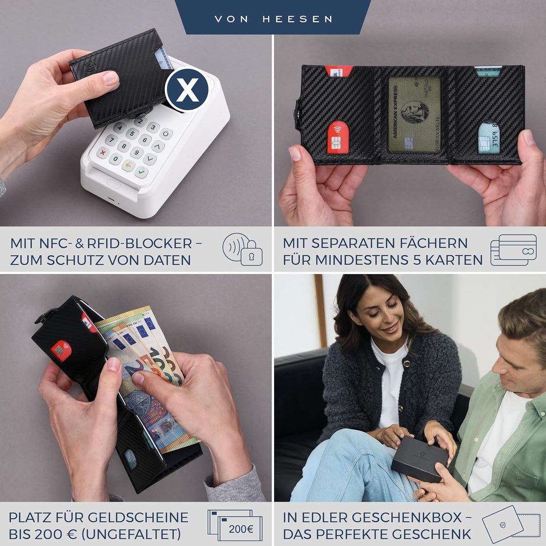 VON HEESEN Slim Wallet mit Münzfach & RFID-Schutz - Mini Geldbörse Herren & Damen - Kartenetui Kredi