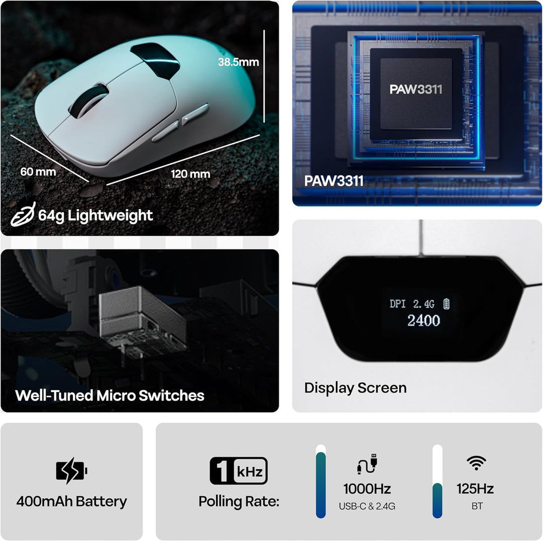 MechLands Aula SC390 – Leichte Gaming-Maus mit Display, kabellose 2,4-GHz-/USB-C-/BT-Maus mit 400-mA