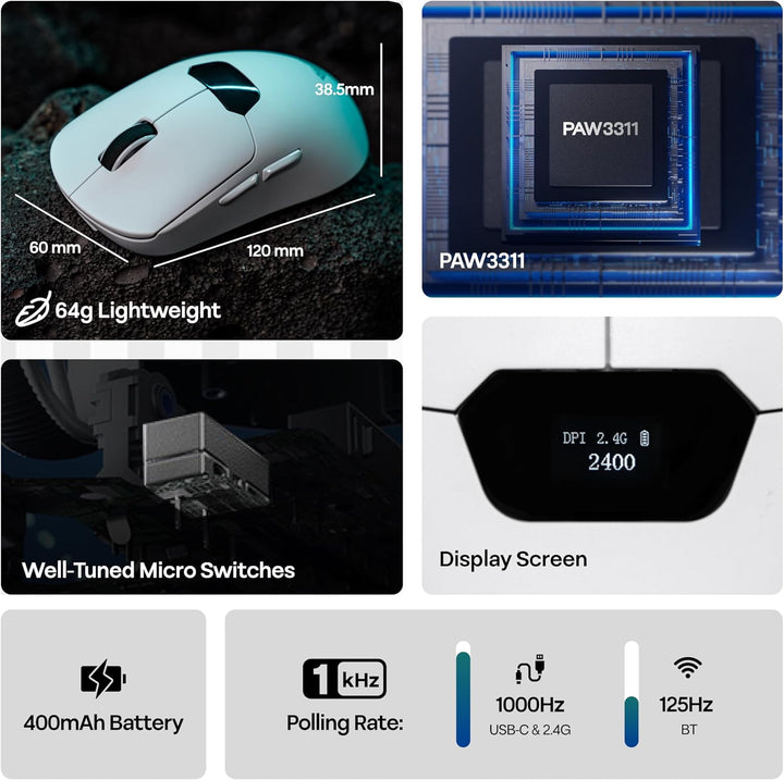 MechLands Aula SC390 – Leichte Gaming-Maus mit Display, kabellose 2,4-GHz-/USB-C-/BT-Maus mit 400-mA