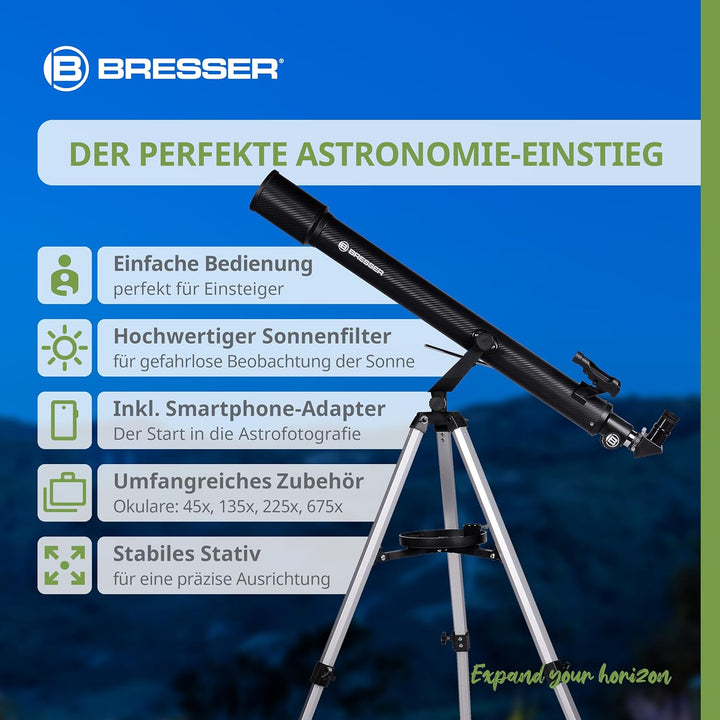 Bresser Einsteiger Linsen-Teleskop Sirius 70/900 AZ mit Smartphone-Adapter, Sonnenfilter, Stativ &amp; Z