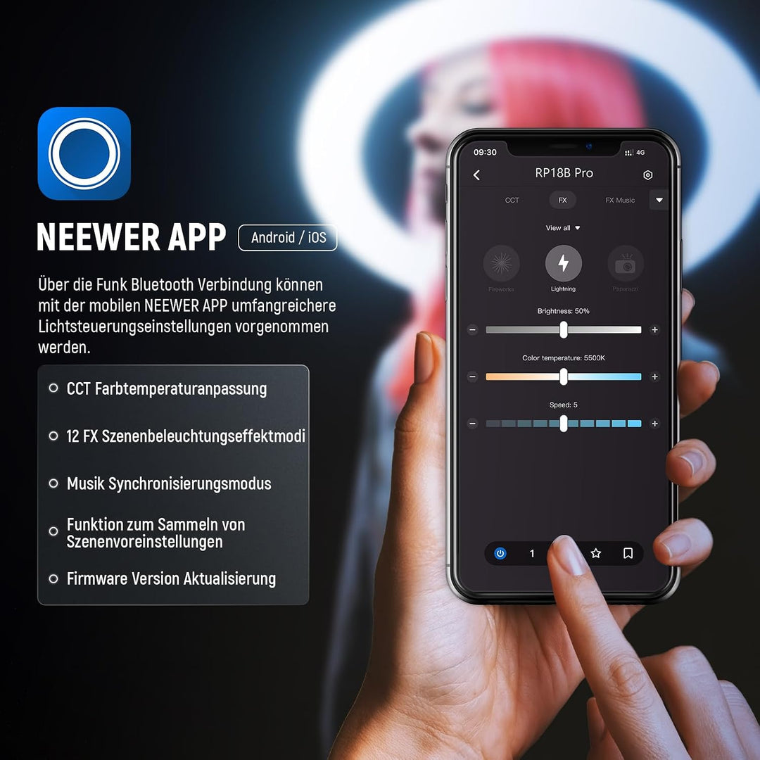 NEEWER Professionelles Ringlicht mit Ständer und Telefonhalter, 18" dünn, 45W 2900K-7000K TLCI98, Fe