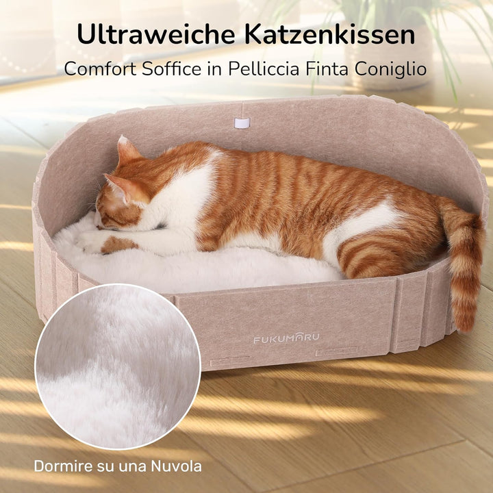 FUKUMARU Katzenbett, 61 cm grosses Katzen-Couchbett mit gemütlichem Kunstkaninchenfell-Kissen, Filz-