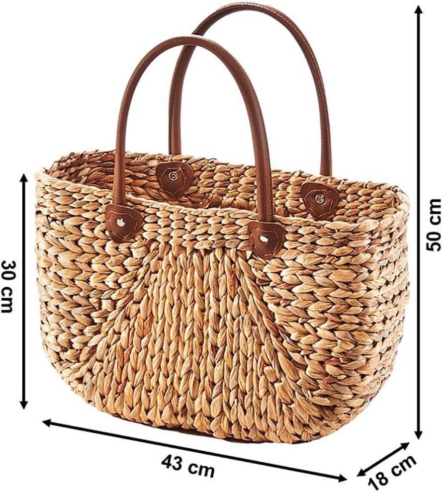 Kobolo Tasche Wasserhyazinthe, 45x18x29 cm, braune, geflochtene Henkeltasche mit robusten Kunstleder