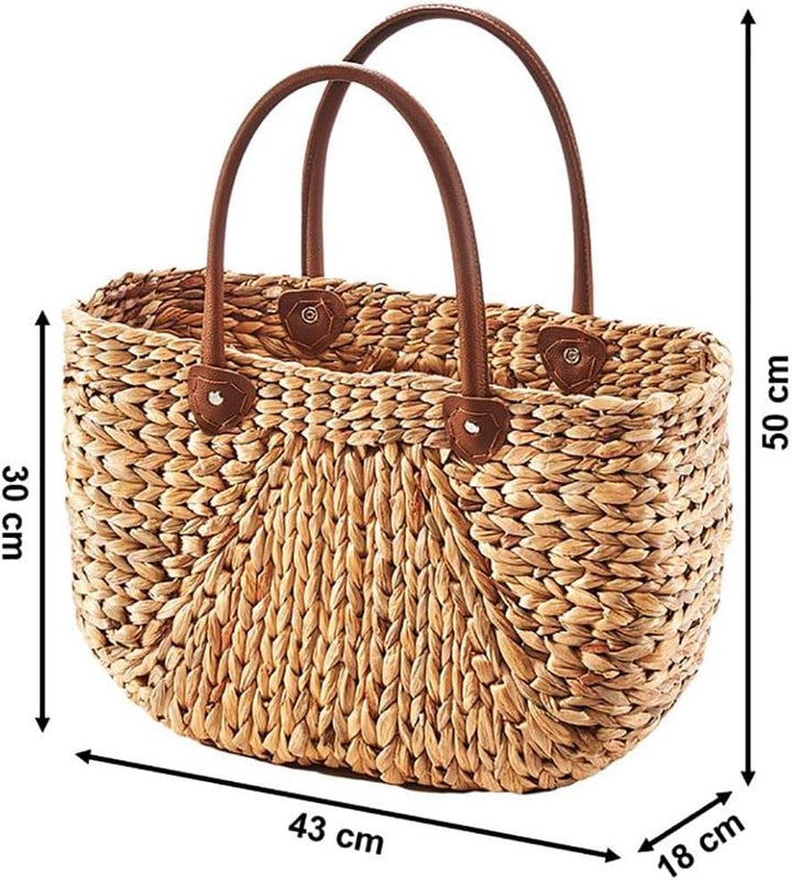 Kobolo Tasche Wasserhyazinthe, 45x18x29 cm, braune, geflochtene Henkeltasche mit robusten Kunstleder
