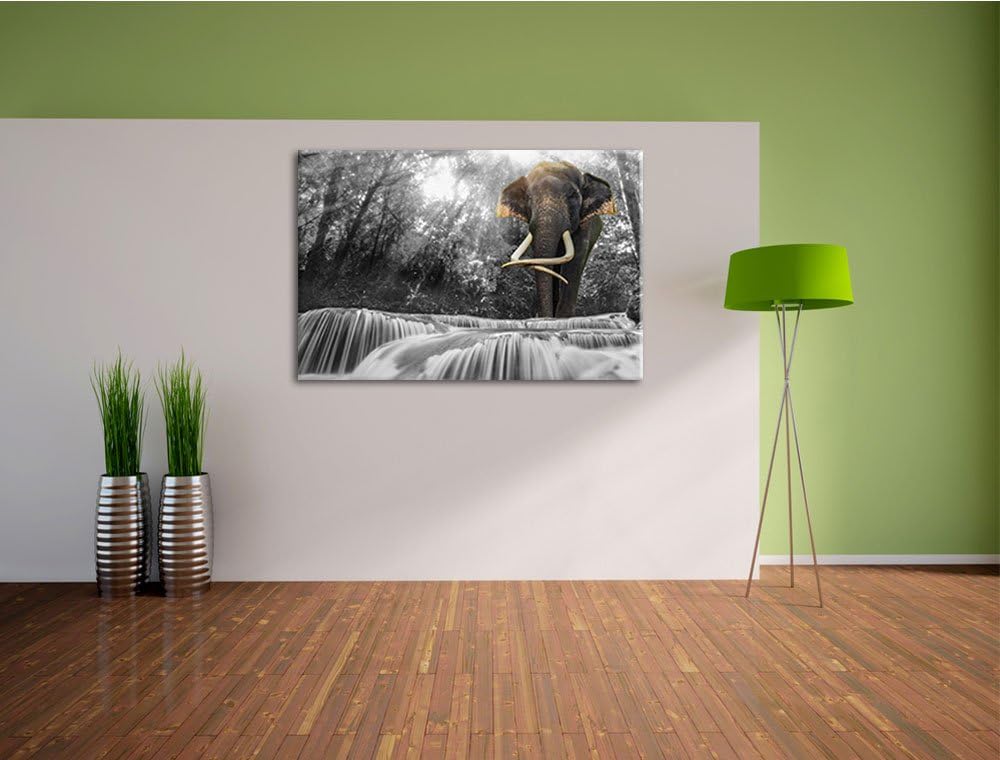 riesiger Elefant am Bach schwarz/weiss Format: 100x70 auf Leinwand, XXL riesige Bilder fertig gerahm