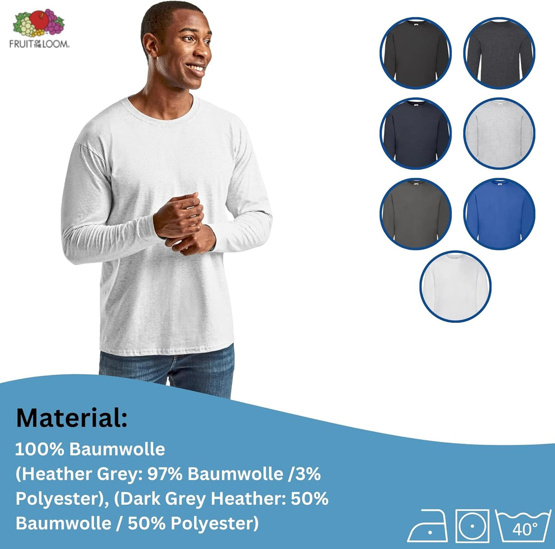 4 Fruit of The Loom Longsleeve Tshirt Langarm Verschiedene Farbsets M 2x Schwarz, 2x Grau & 1x Hlkau