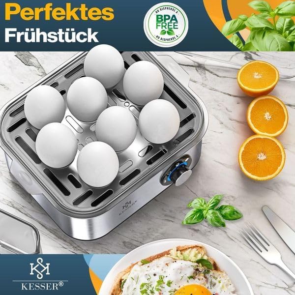 KESSER® Eierkocher für 1 bis 8 Eier elektrisch aus Edelstahl 500W & Warmhaltefunktion | LED-Drehscha