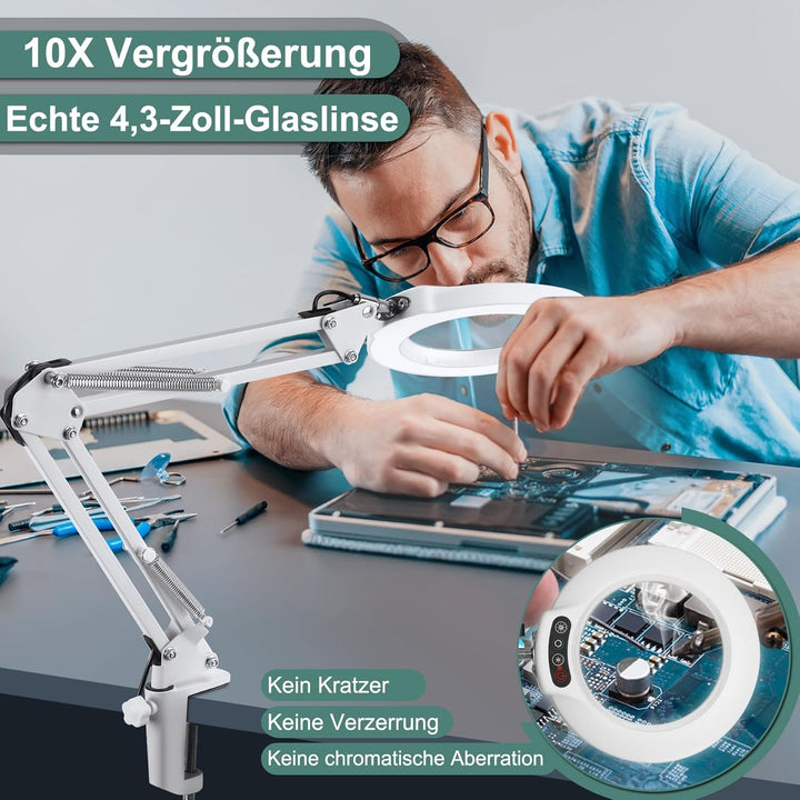 Veemagni 10X Lupe mit Licht, 5 Farbmodi Stufenlos Dimmbar, Verstellbarer Schwenkarm LED Beleuchtete