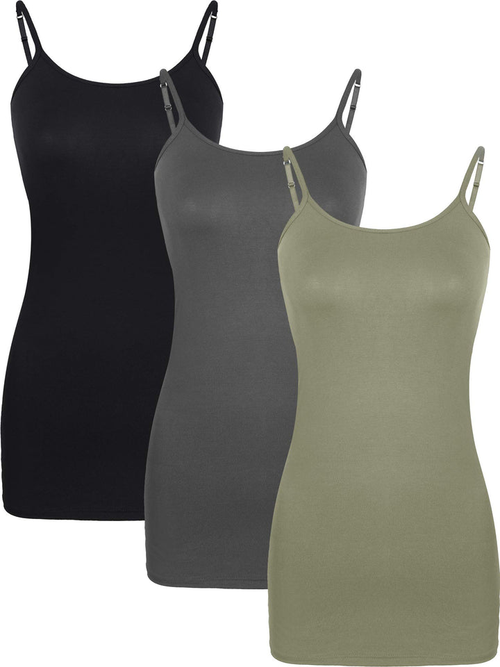 WILLBOND 3 Pieces Women Basic Long Tanks Adjustable Spaghetti Strap Camisole Top Schwarz, Dunkelgrau