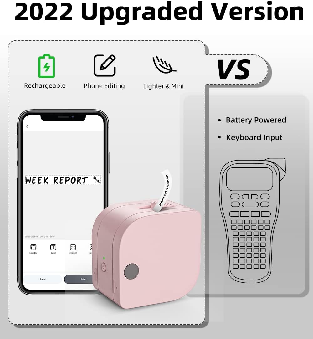 Phomemo P12-Pro Mini Bluetooth Etikettiergerät, USB aufladbares Thermo-Beschriftungsgerät Selbstkleb