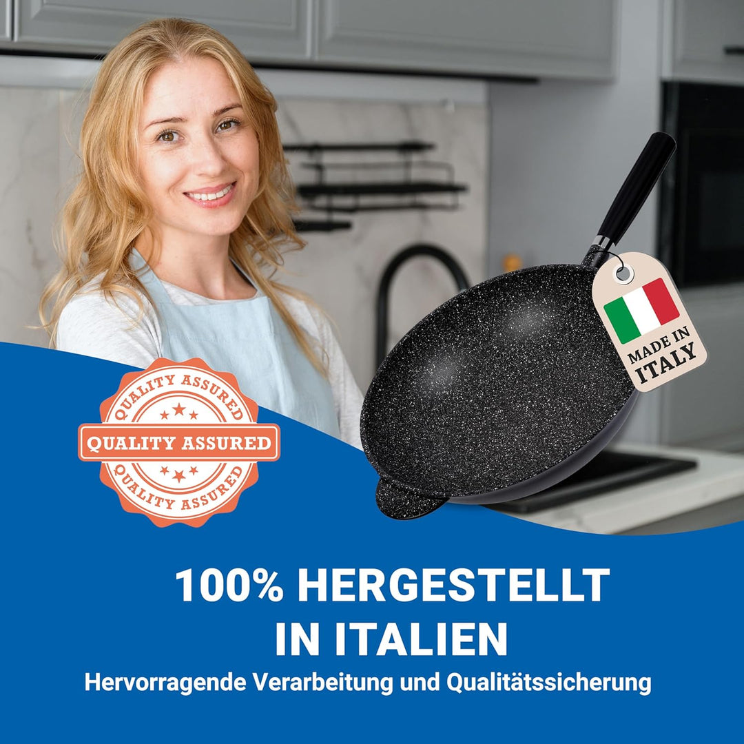 PENTOLPRESS Granit Wokpfanne mit Deckel (32 cm) – Wokpfanne für Induktion – Super kratzfeste Wokpfan