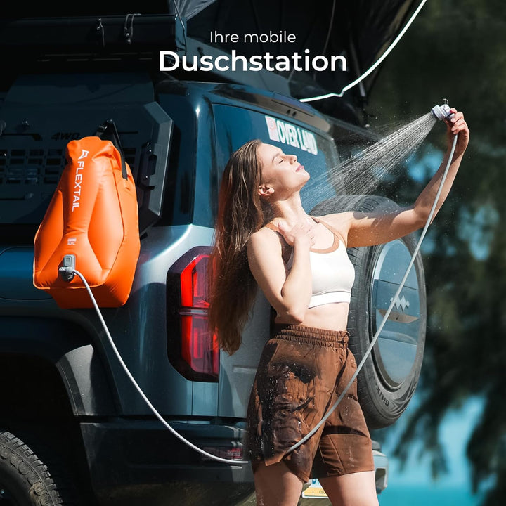 FLEXTAILGEAR Tragbare Campingdusche 20L mit integrierter Elektropumpe, 2500mAh Akku, 2 Geschwindigke