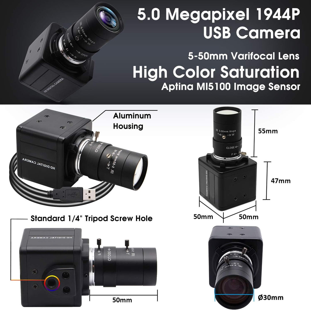 Svpro 5MP USB Kamera mit Zoomobjektiv 5-50mm,10X optischer Zoom Webcam Manueller Fokus mit Aptina MI