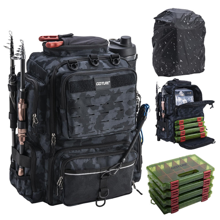 Goture Angelrucksack mit 4 Köderbox Angeln, 45-Liter Angelzubehör-Rucksack mit Zwei Rutenhaltern und