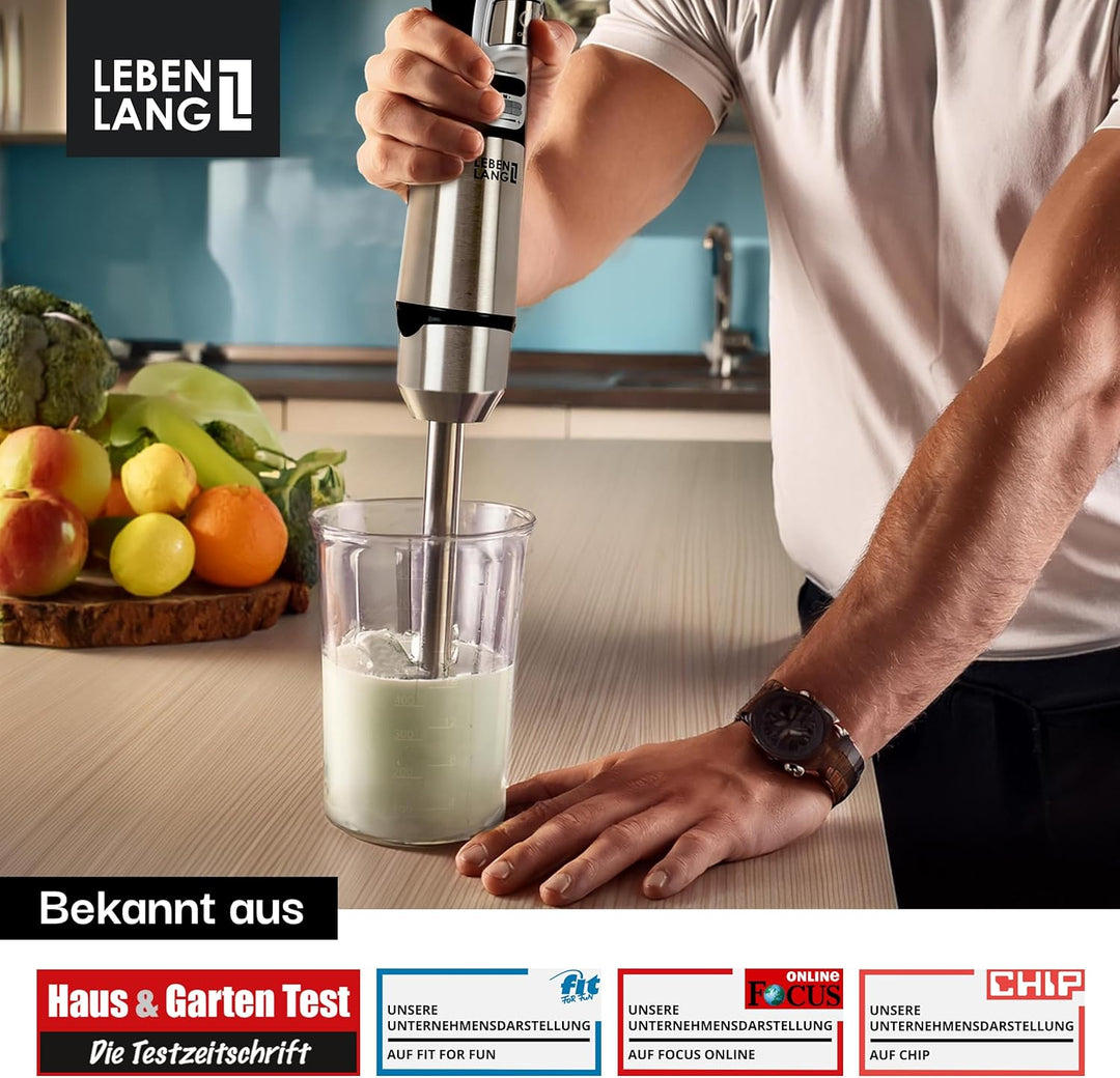 LEBENLANG Akku Stabmixer Kabellos - Inkl. 800ml Messbecher & USB-C Ladekabel I Kabelloser Akku Pürie
