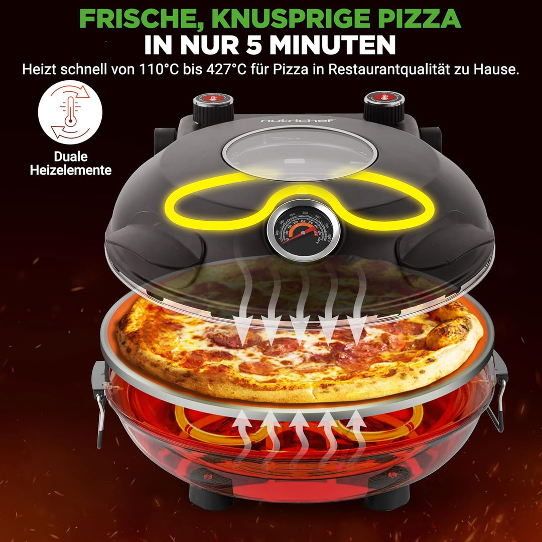 NutriChef Pizzaofen Elektrisch mit 30cm Stein, Pizza Maker bis 426°C, 1200W mit Sichtfenster, Ober-/